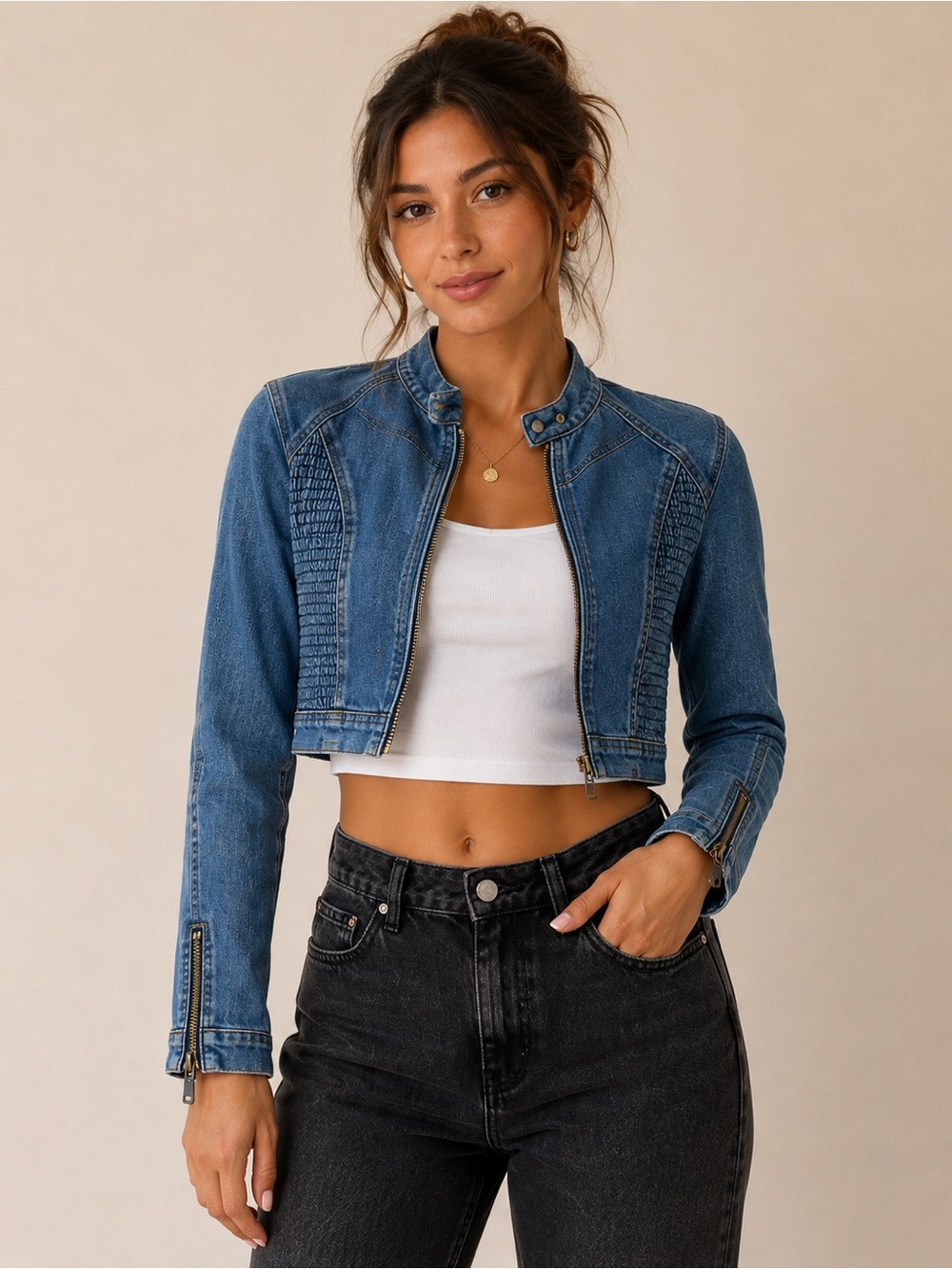 BBJ Los Angeles Y2K Cropped Denim Moto Biker Jacket Size S